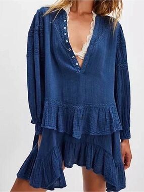Free People Navy Blue Ruffled V-Neck Dress